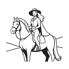 Black and white line art of a beautiful woman with perfect body riding horse elegant minimalist illustration