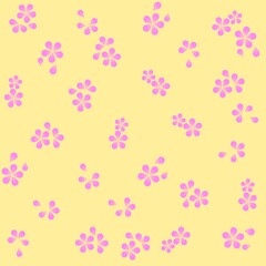 Scattered Pink Petals on Yellow Background. Elegant Floral Design with Floating Abstract Flowers