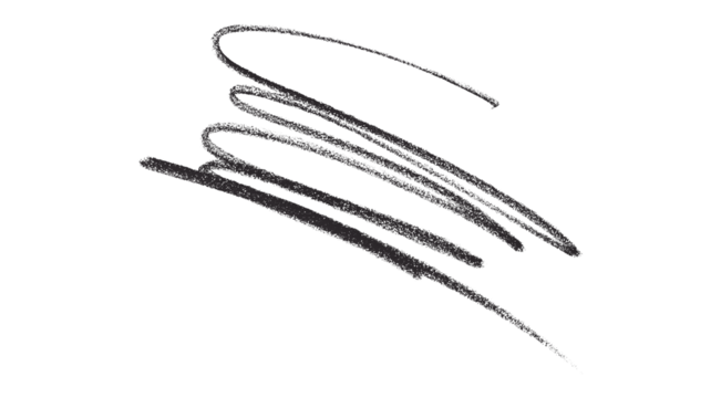 Hand drawn black pencil lines, circles, stripes and squiggly lines on transparent background.