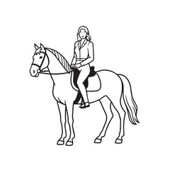 Black and white line art of a beautiful woman with perfect body riding horse elegant minimalist illustration