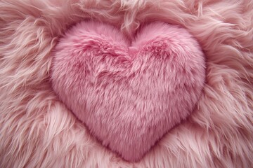 Fluffy pink heart pillow made of soft faux fur texture creating warm cozy romantic background for love and Valentine decoration themes