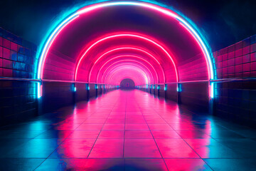 Neon tunnel glowing pink blue futuristic lights reflection modern digital background sci fi cyberpunk concept vibrant colorful abstract design