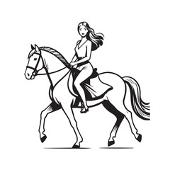 Black and white line art of a beautiful woman with perfect body riding horse elegant minimalist illustration