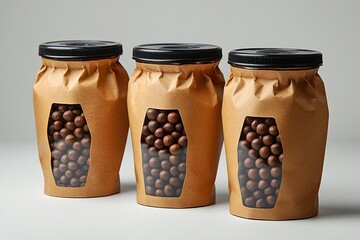 Eco friendly kraft paper packaging with transparent window filled with chocolate balls sustainable container mockup perfect for branding and product design