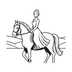 Black and white line art of a beautiful woman with perfect body riding horse elegant minimalist illustration