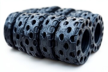 Black rubber tires with holes stacked together automotive industrial texture background transportation objects detail design isolated on white surface