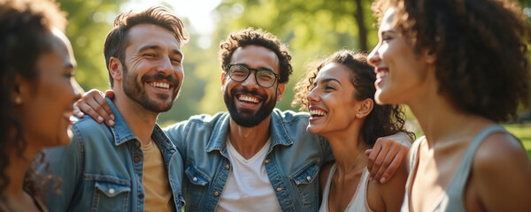 Group of diverse friends laughing heartily in sunny park, embracing togetherness, casual fun. Bearded man with glasses shares joyful moment with companions amidst rich plants. Captures genuine