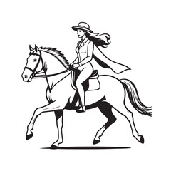 Black and white line art of a beautiful woman with perfect body riding horse elegant minimalist illustration