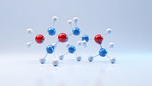 Abstract 3d molecular model with red blue and white spheres on a light background