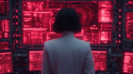 A person stands before a wall of glowing red screens filled with data, exuding a futuristic and technological atmosphere.