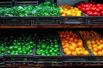 Fresh vegetables in plastic crates on farmers market display including green peppers leafy greens tomatoes yellow red organic healthy produce