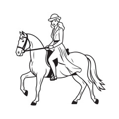 Black and white line art of a beautiful woman with perfect body riding horse elegant minimalist illustration
