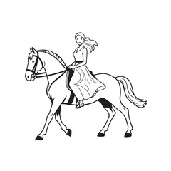 Black and white line art of a beautiful woman with perfect body riding horse elegant minimalist illustration