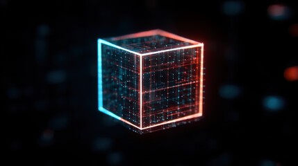 A glowing, abstract cube with a grid pattern, set against a dark background, representing technology and digital concepts.