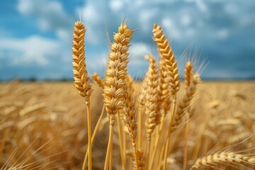 Wheat ears closeup golden field agriculture summer harvest farmland rural nature food production countryside natural cereal crop landscape