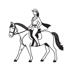 Black and white line art of a beautiful woman with perfect body riding horse elegant minimalist illustration