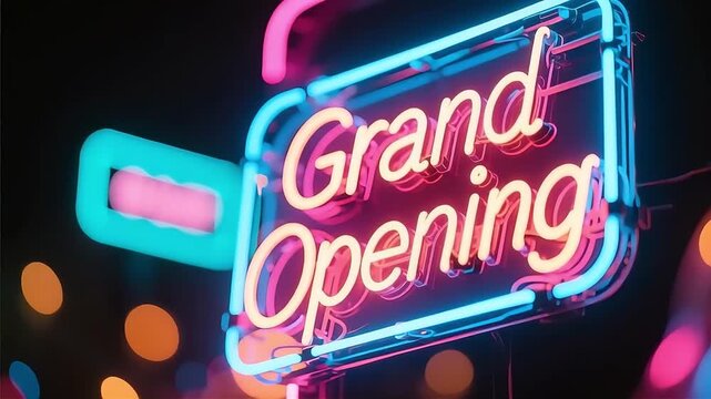 Vibrant neon 'Grand Opening' sign glows brightly, signaling excitement and new beginnings
