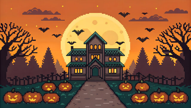 Pixel art halloween scene with haunted house pumpkins bats and a full moon in an orange sky landscape
