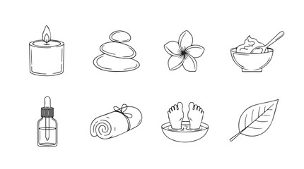 Hand drawn spa elements collection essential oils stones flower towel soap leaf for wellness and beauty silhouette