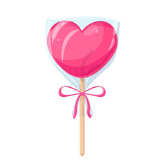 Pink heart lollipop on stick with wrapper and bow. Sweet love gift for Valentine day isolated on white background. Candy in heart shape on stick in transparent bag with ribbon, vector illustration