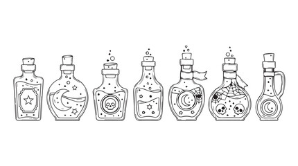 Collection of vintage decorative bottles with intricate designs and stopper caps silhouette