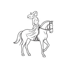 Black and white line art of a beautiful woman with perfect body riding horse elegant minimalist illustration