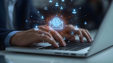 hands typing on a laptop keyboard, with a digital overlay of an email icon in the center connected to multiple user icons