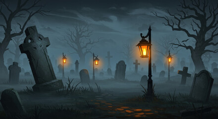 Cemetery with crooked tombstones, fog and glowing lanterns, dark atmosphere, Halloween night