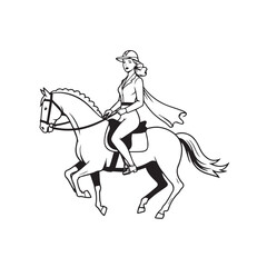 Black and white line art of a beautiful woman with perfect body riding horse elegant minimalist illustration