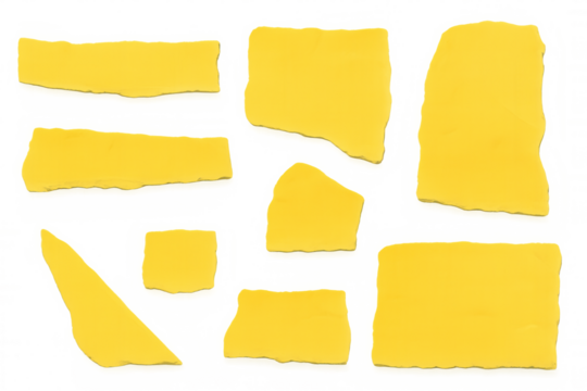 Yellow torn paper pieces set floating with blank copy space, ripped edges, transparent background