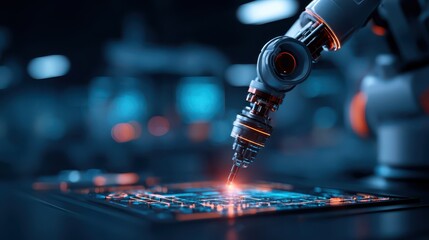 A robotic arm is delicately interacting with a glowing circuit board, showcasing advanced technology in a futuristic setting.