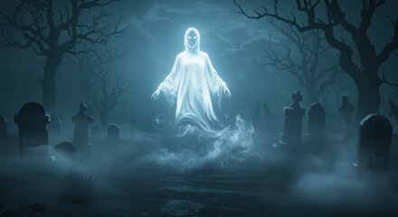ghostly figure emerging from mist, soft glow effect, dark graveyard background, spooky Halloween theme