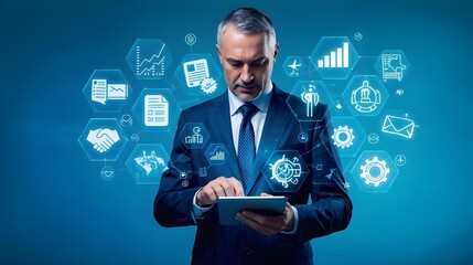 businessman using a digital tablet, with futuristic holographic icons and network connections floating in the air