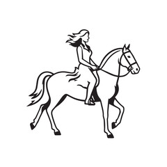 Black and white line art of a beautiful woman with perfect body riding horse elegant minimalist illustration
