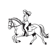 Black and white line art of a beautiful woman with perfect body riding horse elegant minimalist illustration