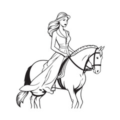 Black and white line art of a beautiful woman with perfect body riding horse elegant minimalist illustration