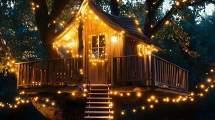 A cozy treehouse perched in a large tree, illuminated by warm string lights with a lit staircase leading up to the cabin. - Powered by Adobe