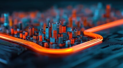 A vibrant, futuristic cityscape illuminated by neon lights, blending technology and urban architecture on a circuit board.