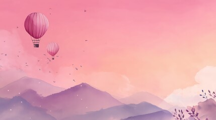 Obraz premium Dreamy Watercolor Landscape with Hot Air Balloons, Mountains, and Birds in Pink and Purple Hues, Creating a Peaceful and Serene Atmosphere, watercolor