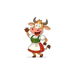 Fototapeta premium Cheerful cartoon cow in traditional Dirndl dress waving.