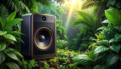 Modern speaker in lush jungle