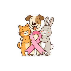 Obraz premium Cute Animals Holding a Pink Ribbon Supporting Breast Cancer Awareness