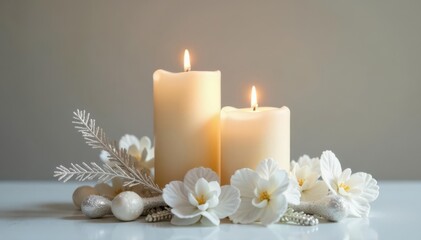 Elegant ivory candles, frosted branches, silver accents , serene, frosted, home decor