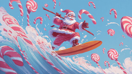 The artwork depicts an individual dressed in a red suit with white fur trim surfing on a wave. The individual is using a pole for balance, adding a touch of whimsy to the scene