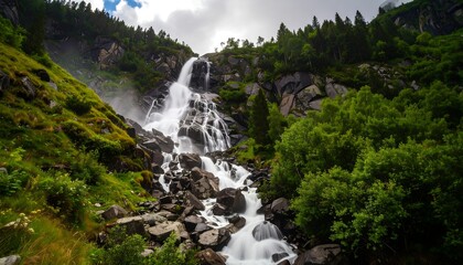Fototapeta premium Mountain waterfall cascading down rocks