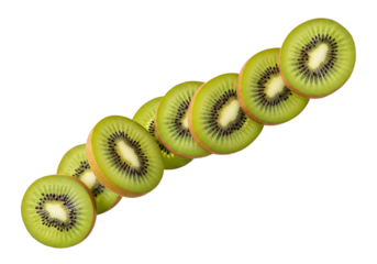 Vibrant Green Kiwi Fruit Slices in a Diagonal Line, Isolated on White Background