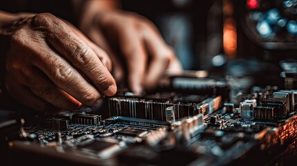 Close-up view of hands working on a circuit board.