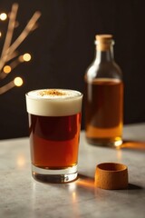 Italian rum baba, espresso, water glasses on light stone Top view , stone texture, coffee cup