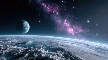 Fototapeta premium Cosmic Landscape with Earth Like Planet and Galaxy View in Blue and Purple Tones Space Exploration Concept Art