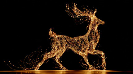 Against a stark black backdrop, a luminous sculpture of a four legged animal is depicted in mid stride